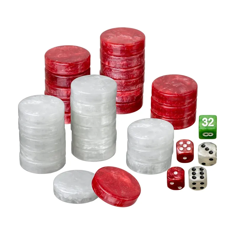 Marmorerede Backgammonbrikker (rød/hvid plast) - 34 mm - Ny vare